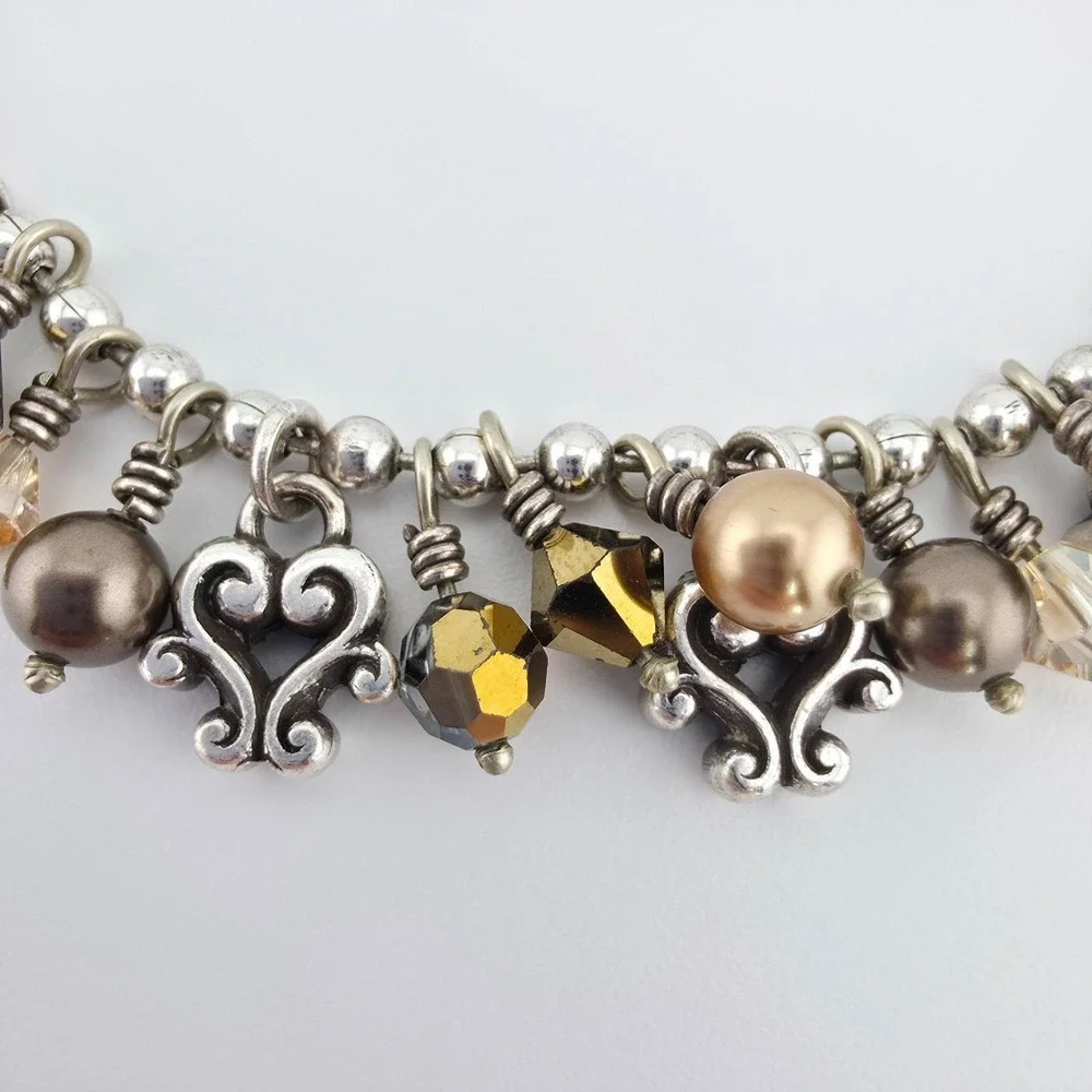 BRIGHTON 'Cannes' Bracelet Heart Crystal Fringe Charm Scroll Silver Plate 7.75